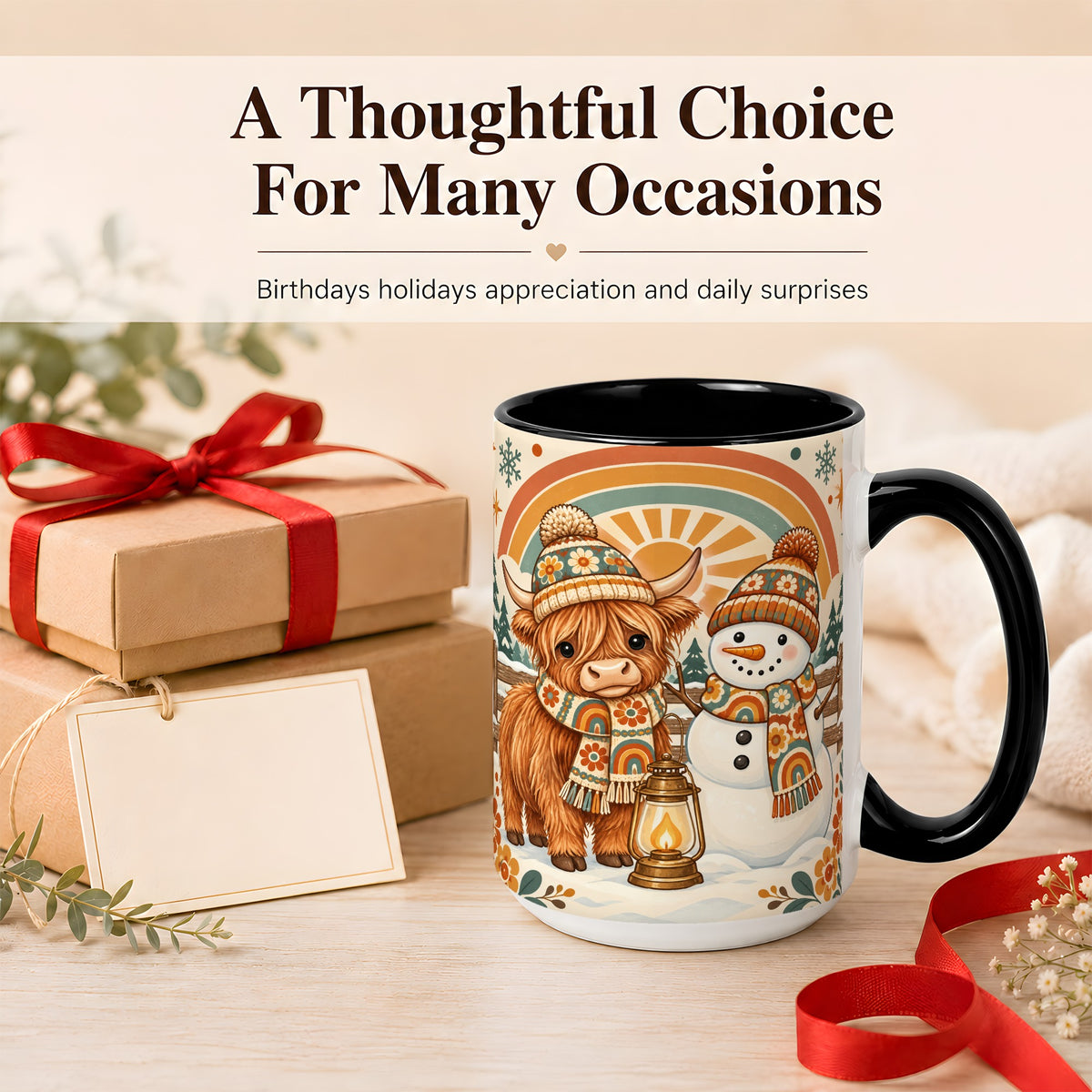 #pl[15oz|Black] Retro Cow Snowman Coffee Mug, Rainbow Winter Mug, Ceramic Cup