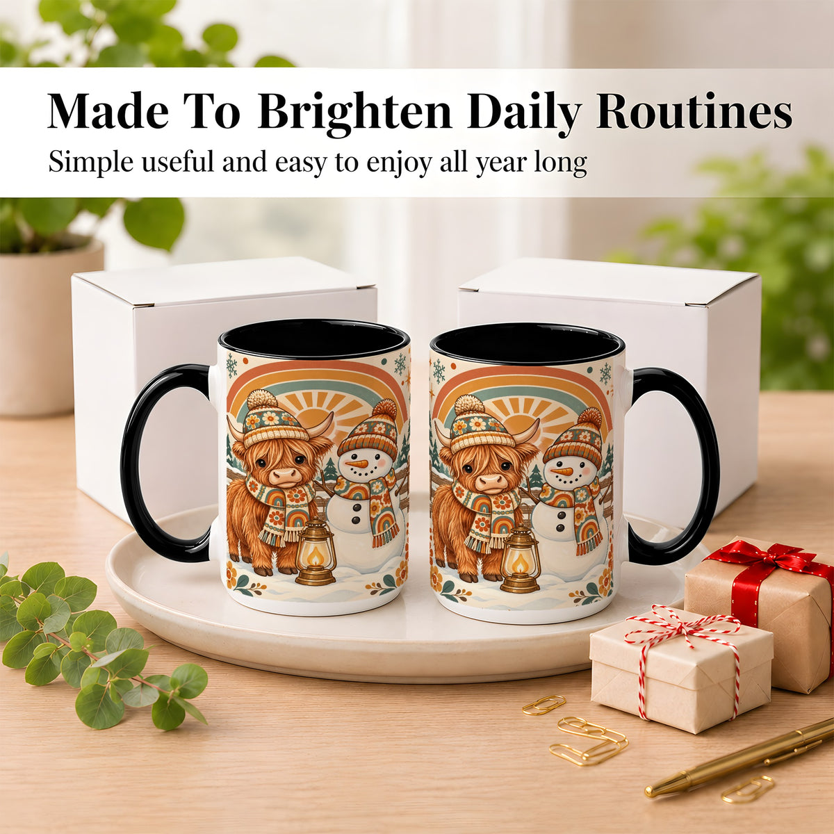 #pl[15oz|Black] Retro Cow Snowman Coffee Mug, Rainbow Winter Mug, Ceramic Cup