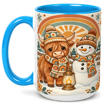 #pl[15oz|Blue] Retro Cow Snowman Coffee Mug, Rainbow Winter Mug, Ceramic Cup