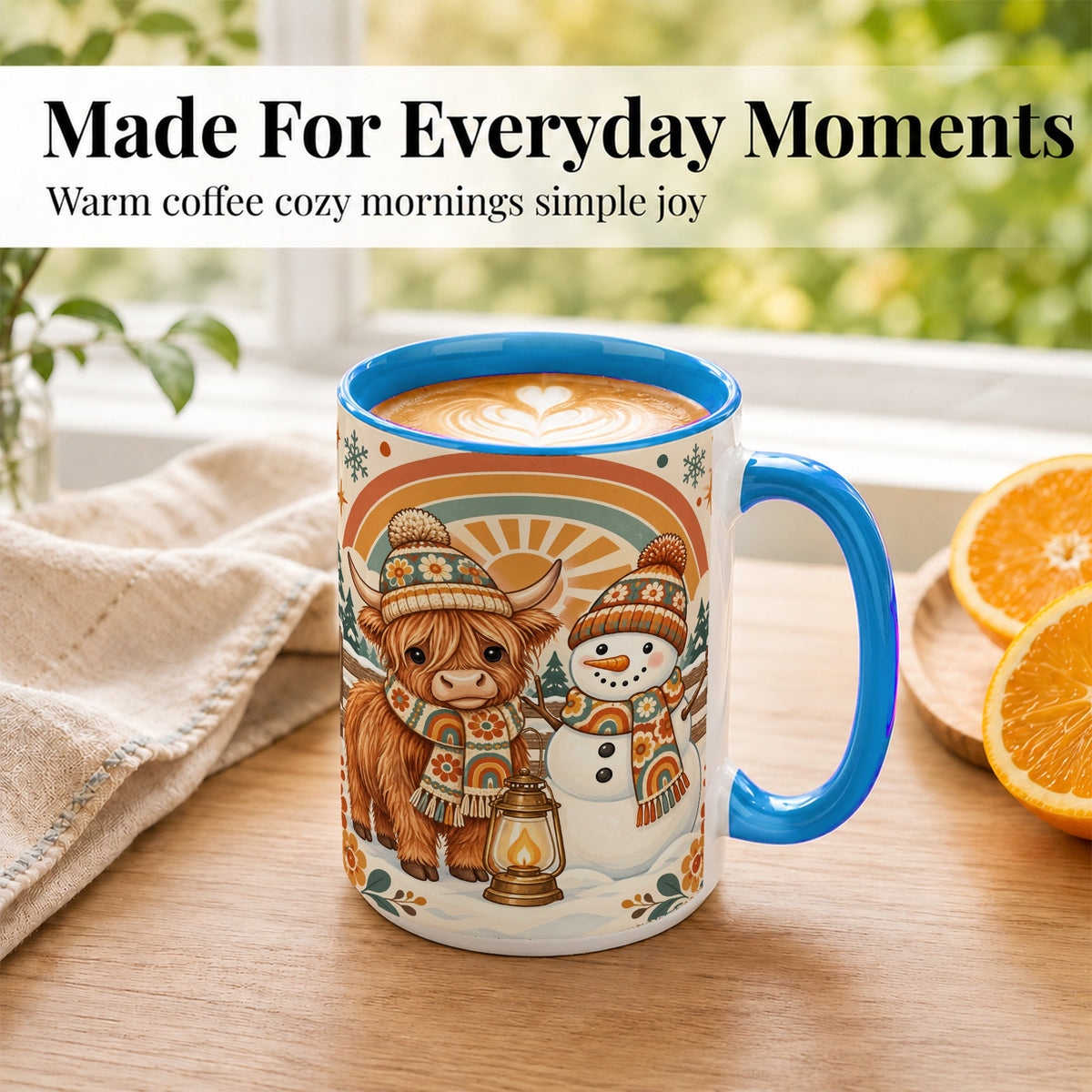 #pl[15oz|Blue] Retro Cow Snowman Coffee Mug, Rainbow Winter Mug, Ceramic Cup