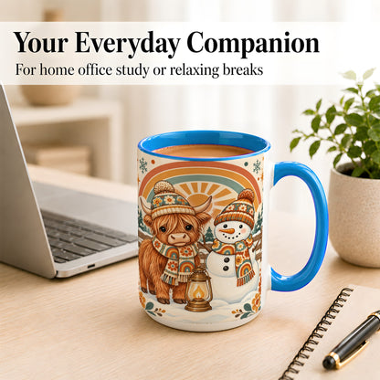 #pl[15oz|Blue] Retro Cow Snowman Coffee Mug, Rainbow Winter Mug, Ceramic Cup