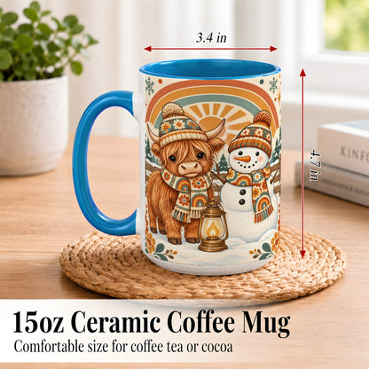 #pl[15oz|Blue] Retro Cow Snowman Coffee Mug, Rainbow Winter Mug, Ceramic Cup