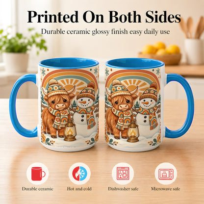 #pl[15oz|Blue] Retro Cow Snowman Coffee Mug, Rainbow Winter Mug, Ceramic Cup