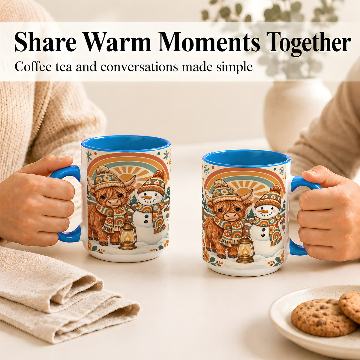 #pl[15oz|Blue] Retro Cow Snowman Coffee Mug, Rainbow Winter Mug, Ceramic Cup
