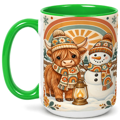 #pl[15oz|Green] Retro Cow Snowman Coffee Mug, Rainbow Winter Mug, Ceramic Cup