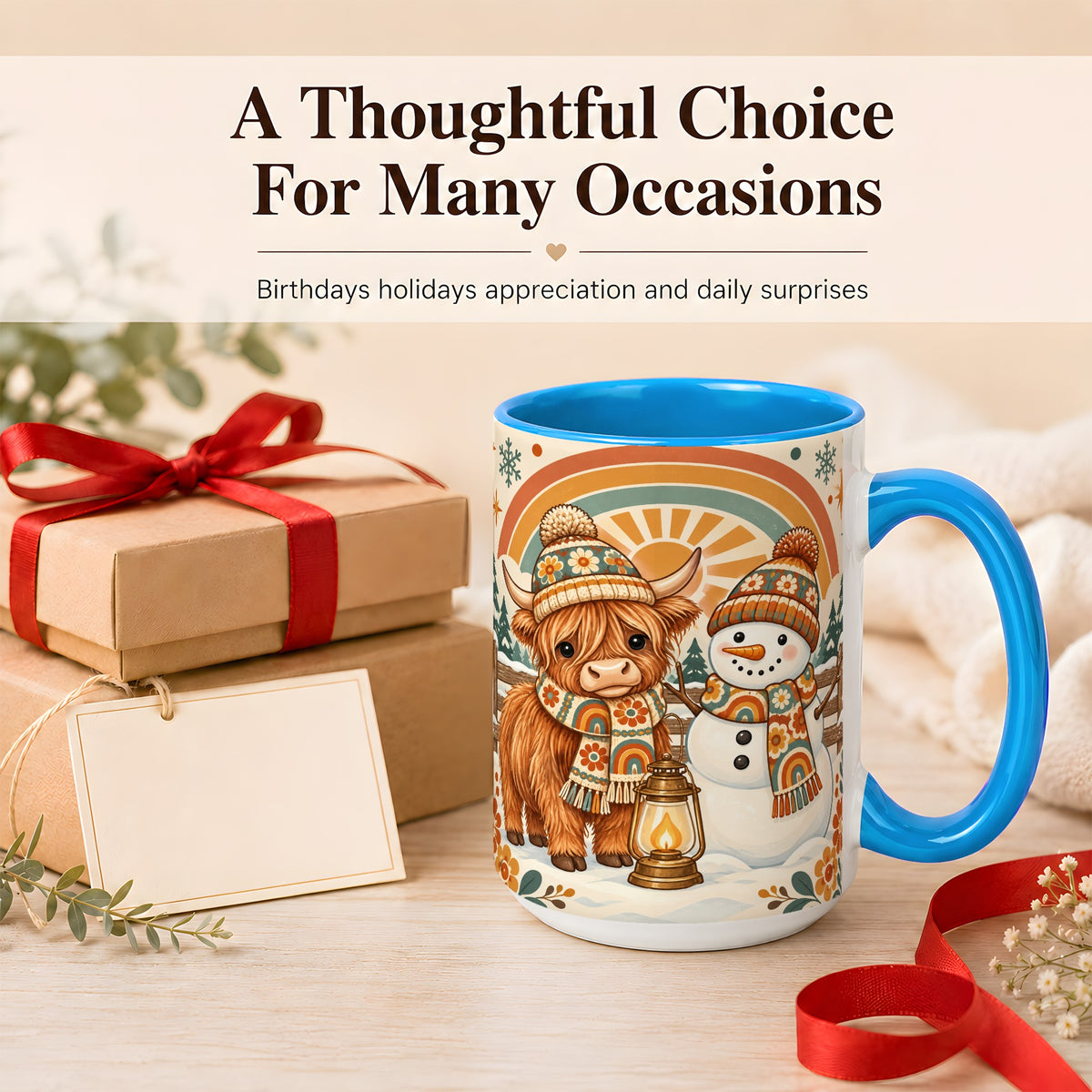 #pl[15oz|Blue] Retro Cow Snowman Coffee Mug, Rainbow Winter Mug, Ceramic Cup