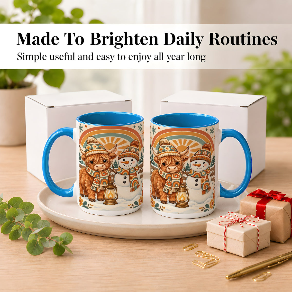 #pl[15oz|Blue] Retro Cow Snowman Coffee Mug, Rainbow Winter Mug, Ceramic Cup