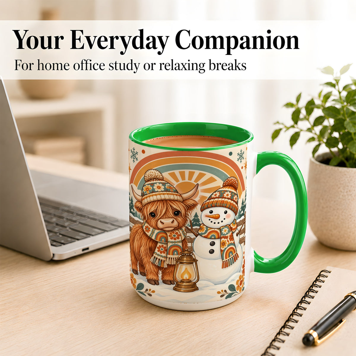 #pl[15oz|Green] Retro Cow Snowman Coffee Mug, Rainbow Winter Mug, Ceramic Cup