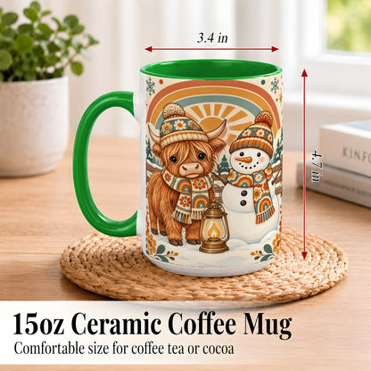 #pl[15oz|Green] Retro Cow Snowman Coffee Mug, Rainbow Winter Mug, Ceramic Cup