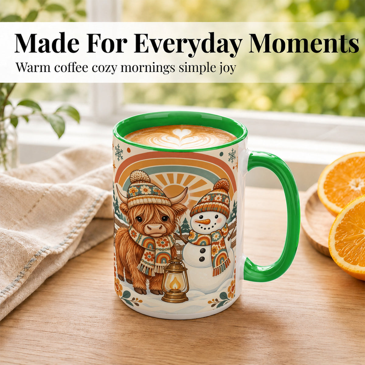 #pl[15oz|Green] Retro Cow Snowman Coffee Mug, Rainbow Winter Mug, Ceramic Cup