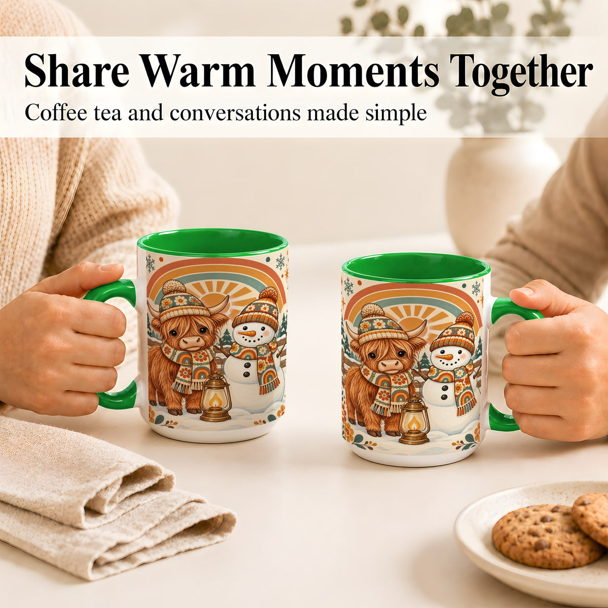#pl[15oz|Green] Retro Cow Snowman Coffee Mug, Rainbow Winter Mug, Ceramic Cup