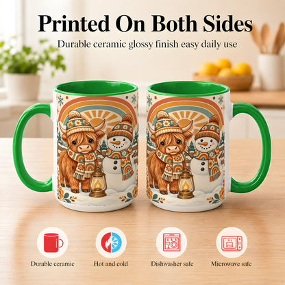 #pl[15oz|Green] Retro Cow Snowman Coffee Mug, Rainbow Winter Mug, Ceramic Cup