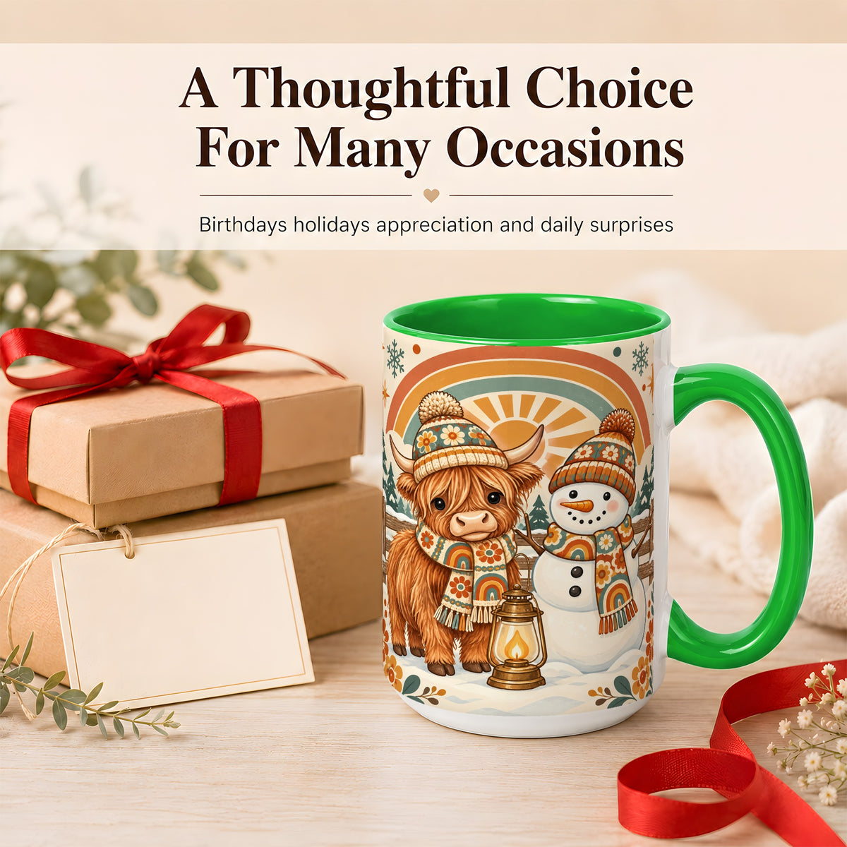 #pl[15oz|Green] Retro Cow Snowman Coffee Mug, Rainbow Winter Mug, Ceramic Cup