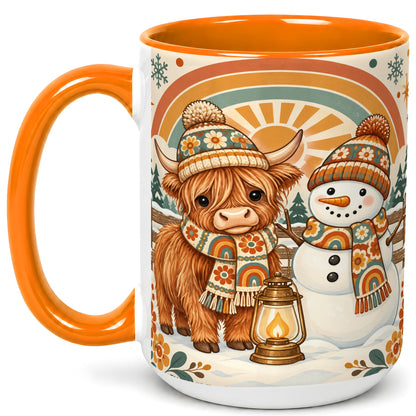 #pl[15oz|Orange] Retro Cow Snowman Coffee Mug, Rainbow Winter Mug, Ceramic Cup