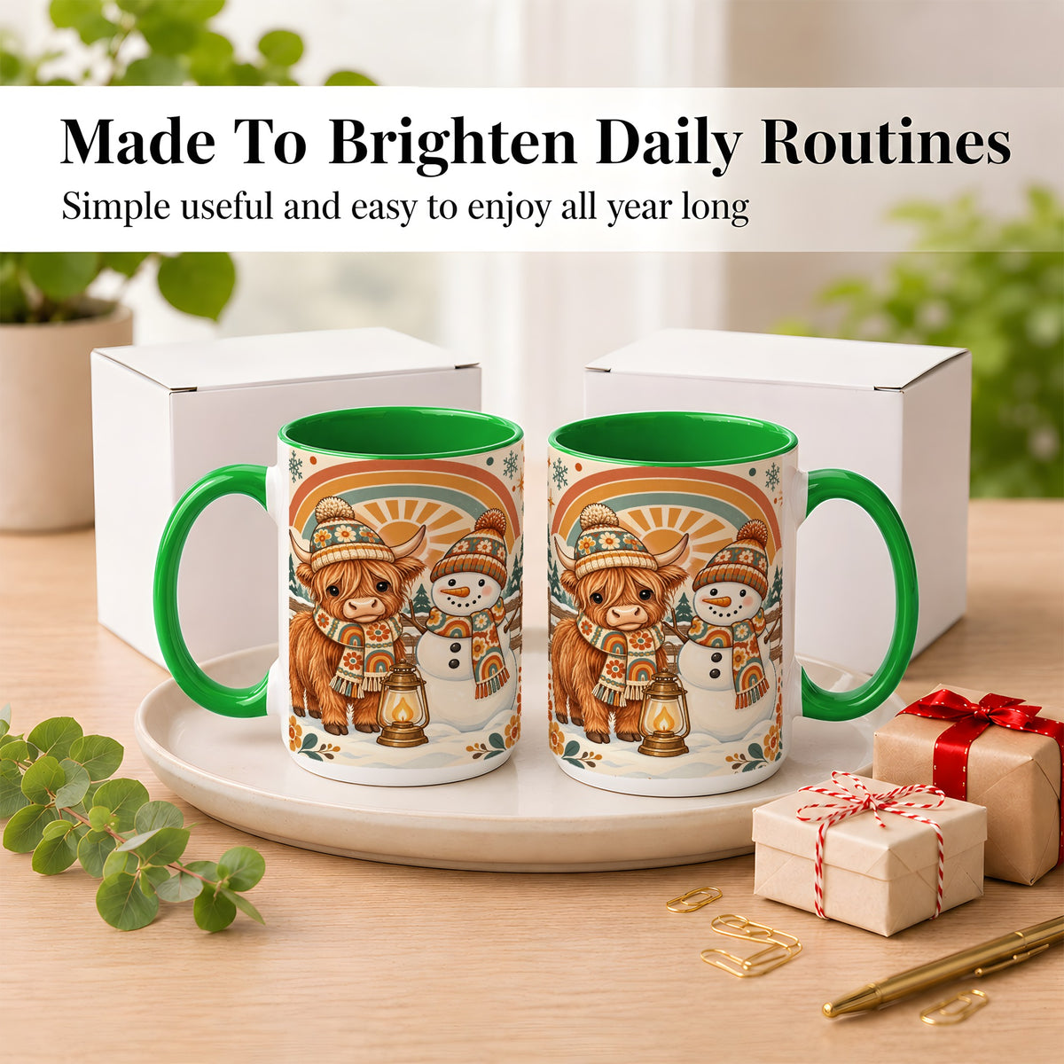 #pl[15oz|Green] Retro Cow Snowman Coffee Mug, Rainbow Winter Mug, Ceramic Cup