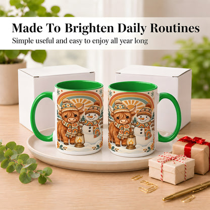 #pl[15oz|Green] Retro Cow Snowman Coffee Mug, Rainbow Winter Mug, Ceramic Cup