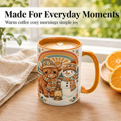 #pl[15oz|Orange] Retro Cow Snowman Coffee Mug, Rainbow Winter Mug, Ceramic Cup
