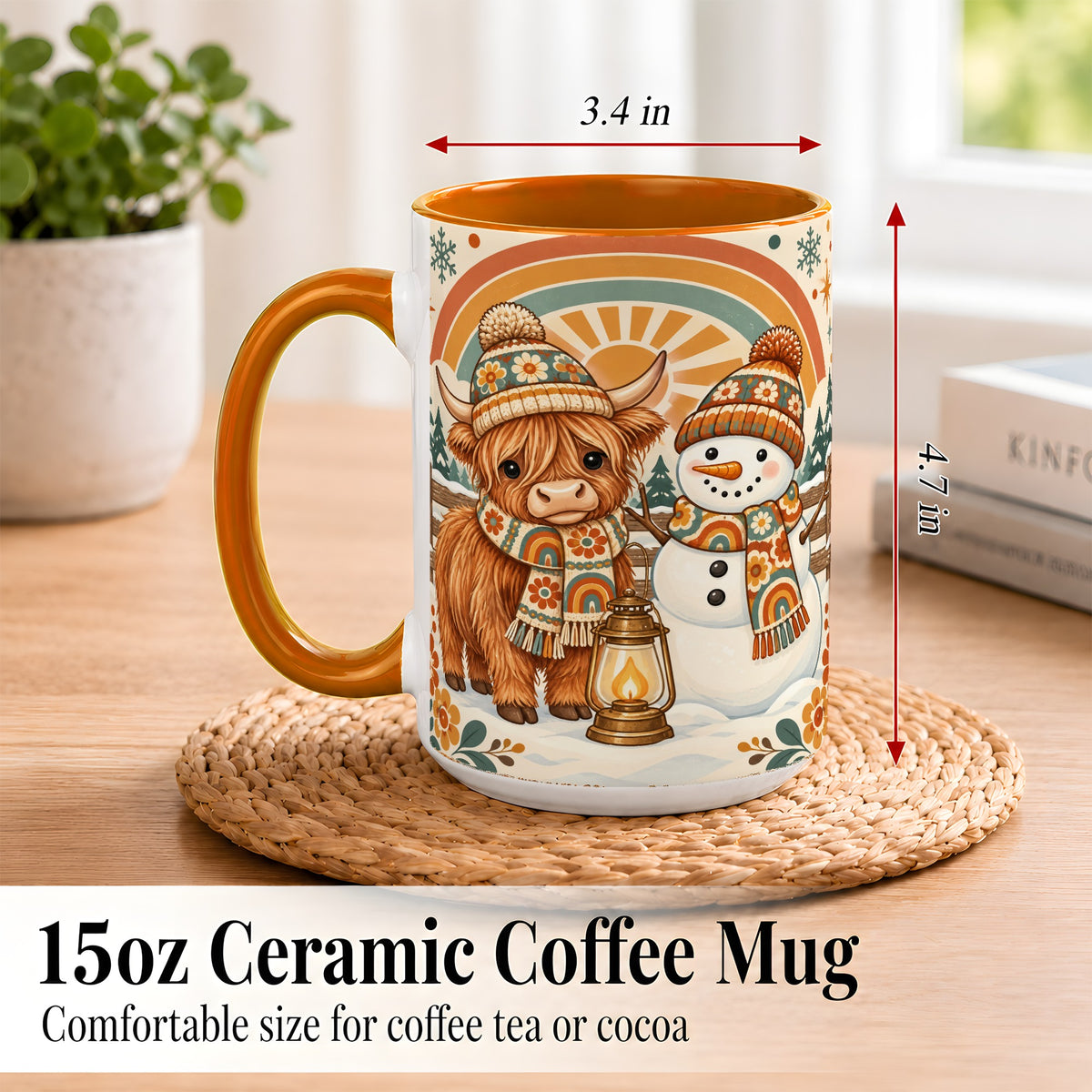 #pl[15oz|Orange] Retro Cow Snowman Coffee Mug, Rainbow Winter Mug, Ceramic Cup