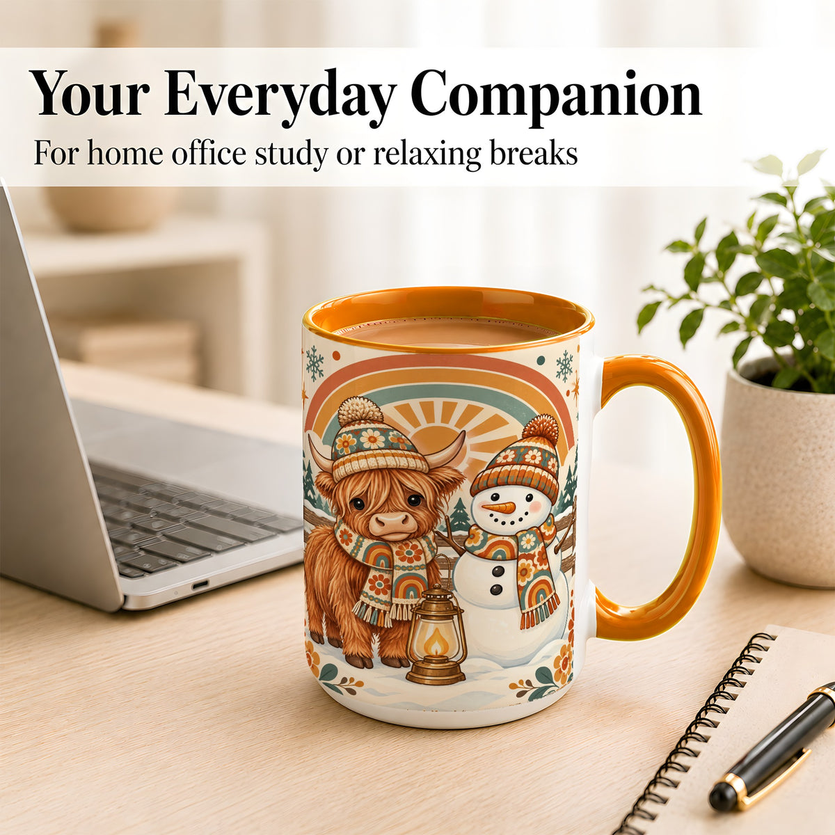 #pl[15oz|Orange] Retro Cow Snowman Coffee Mug, Rainbow Winter Mug, Ceramic Cup