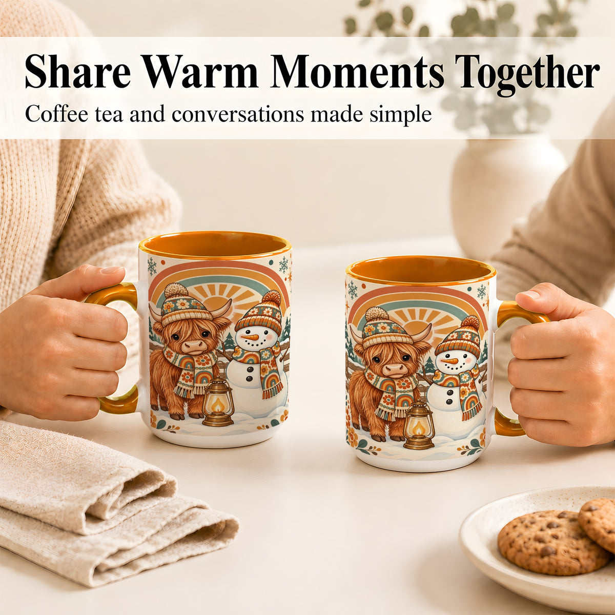 #pl[15oz|Orange] Retro Cow Snowman Coffee Mug, Rainbow Winter Mug, Ceramic Cup