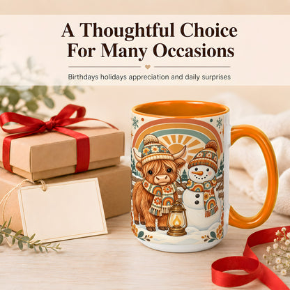 #pl[15oz|Orange] Retro Cow Snowman Coffee Mug, Rainbow Winter Mug, Ceramic Cup