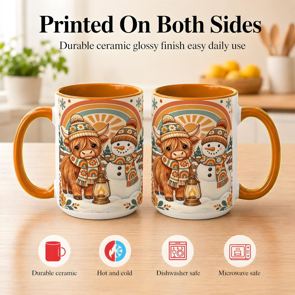 #pl[15oz|Orange] Retro Cow Snowman Coffee Mug, Rainbow Winter Mug, Ceramic Cup