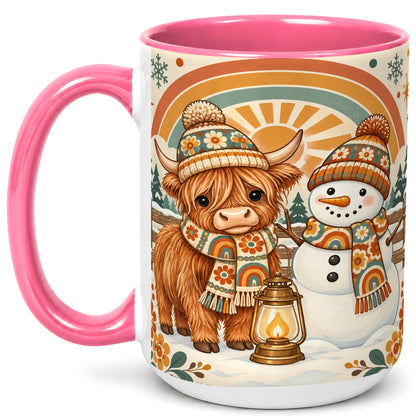 #pl[15oz|Pink] Retro Cow Snowman Coffee Mug, Rainbow Winter Mug, Ceramic Cup