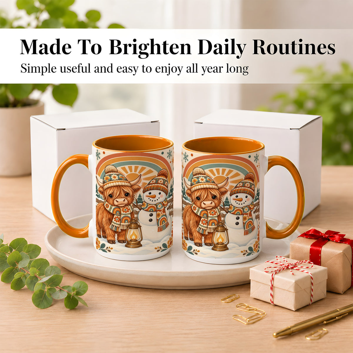 #pl[15oz|Orange] Retro Cow Snowman Coffee Mug, Rainbow Winter Mug, Ceramic Cup