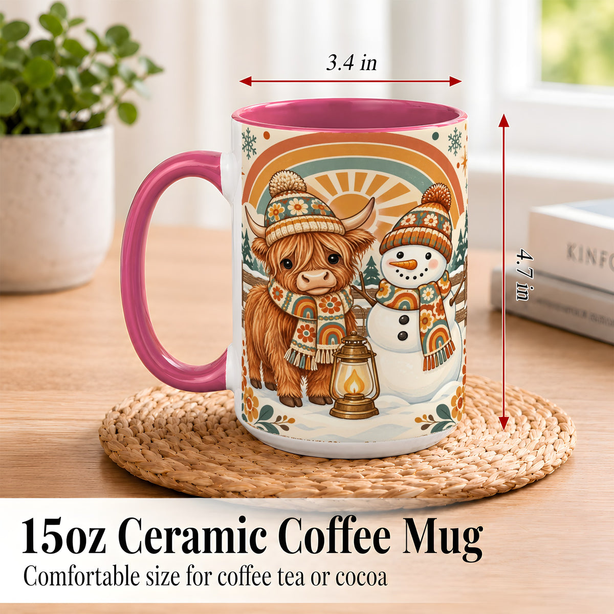 #pl[15oz|Pink] Retro Cow Snowman Coffee Mug, Rainbow Winter Mug, Ceramic Cup