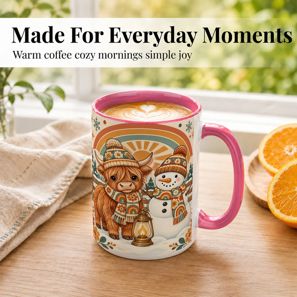 #pl[15oz|Pink] Retro Cow Snowman Coffee Mug, Rainbow Winter Mug, Ceramic Cup
