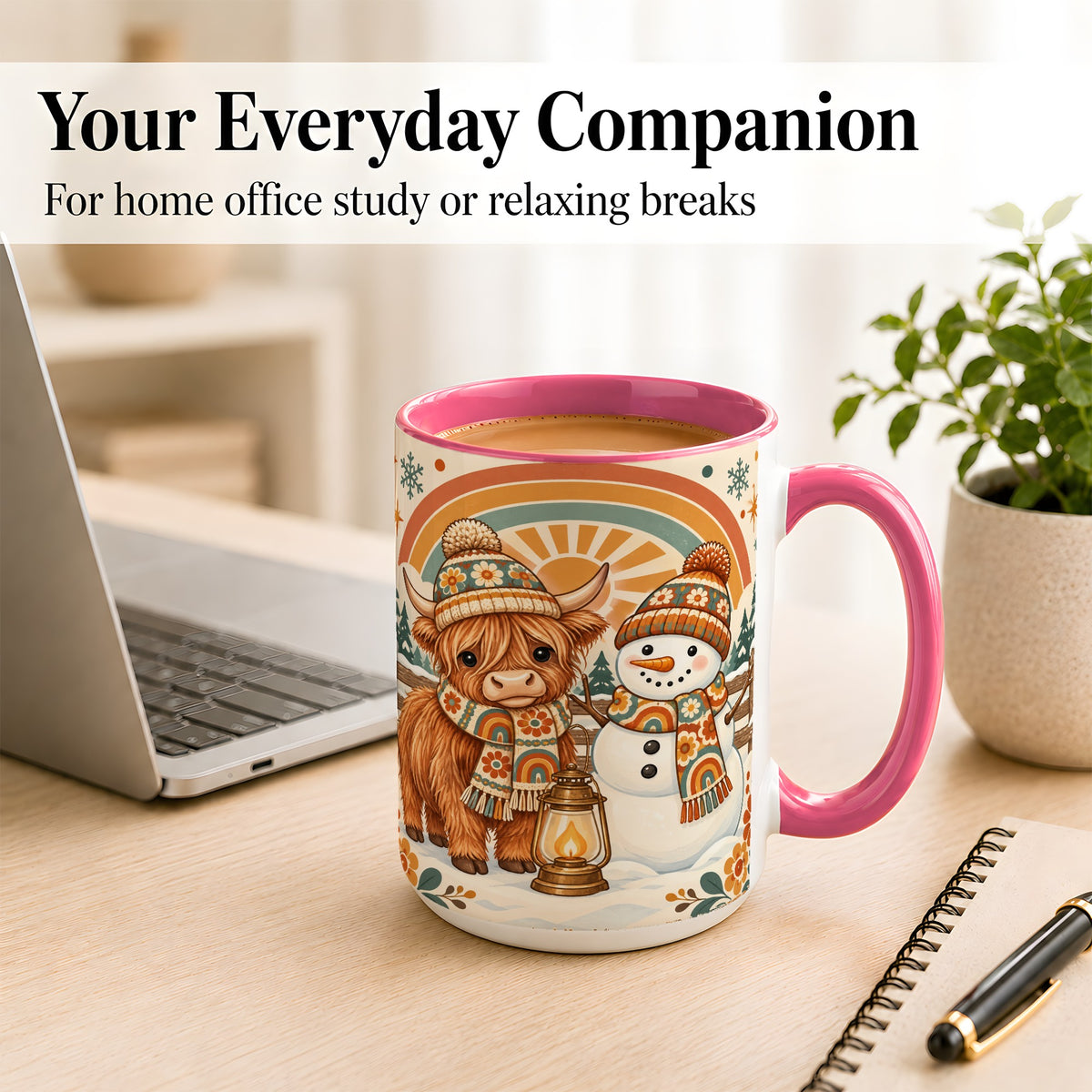 #pl[15oz|Pink] Retro Cow Snowman Coffee Mug, Rainbow Winter Mug, Ceramic Cup