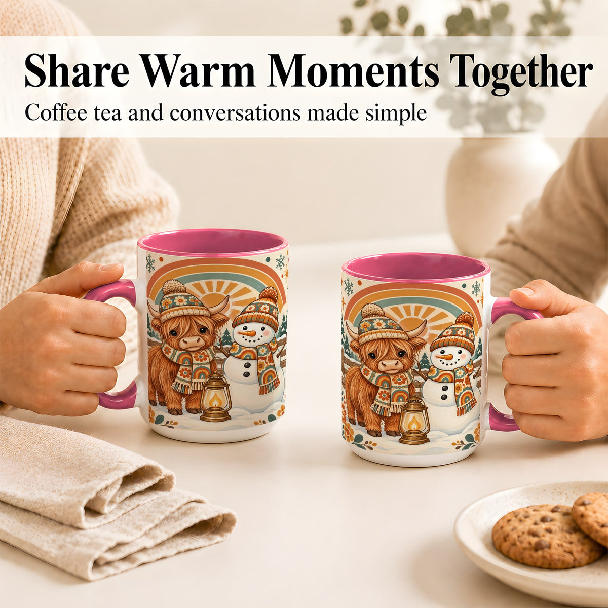 #pl[15oz|Pink] Retro Cow Snowman Coffee Mug, Rainbow Winter Mug, Ceramic Cup