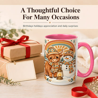 #pl[15oz|Pink] Retro Cow Snowman Coffee Mug, Rainbow Winter Mug, Ceramic Cup