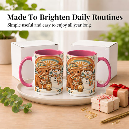 #pl[15oz|Pink] Retro Cow Snowman Coffee Mug, Rainbow Winter Mug, Ceramic Cup