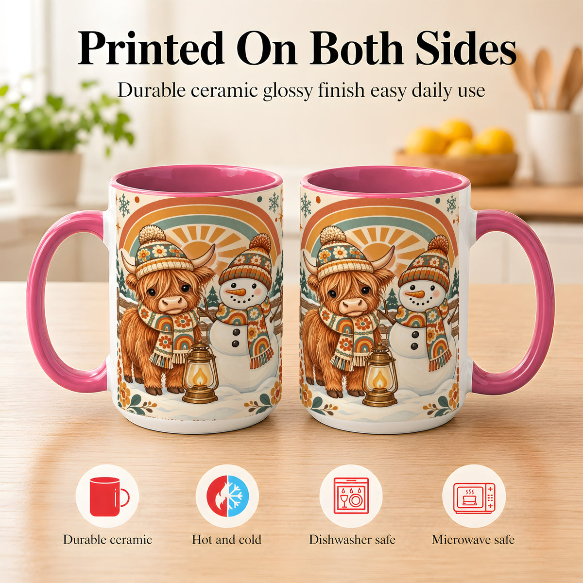 #pl[15oz|Pink] Retro Cow Snowman Coffee Mug, Rainbow Winter Mug, Ceramic Cup
