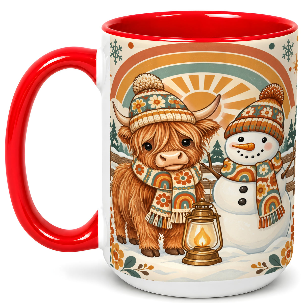 #pl[15oz|Red] Retro Cow Snowman Coffee Mug, Rainbow Winter Mug, Ceramic Cup