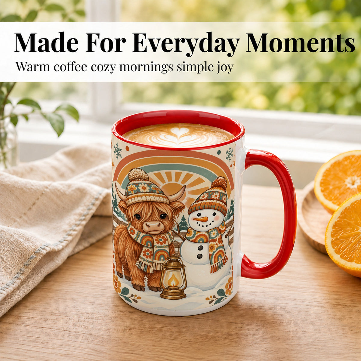 #pl[15oz|Red] Retro Cow Snowman Coffee Mug, Rainbow Winter Mug, Ceramic Cup