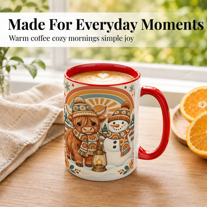 #pl[15oz|Red] Retro Cow Snowman Coffee Mug, Rainbow Winter Mug, Ceramic Cup