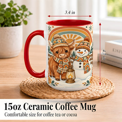#pl[15oz|Red] Retro Cow Snowman Coffee Mug, Rainbow Winter Mug, Ceramic Cup