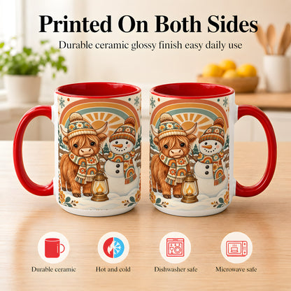 #pl[15oz|Red] Retro Cow Snowman Coffee Mug, Rainbow Winter Mug, Ceramic Cup