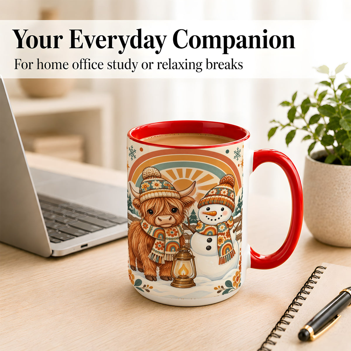 #pl[15oz|Red] Retro Cow Snowman Coffee Mug, Rainbow Winter Mug, Ceramic Cup