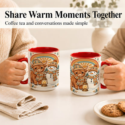 #pl[15oz|Red] Retro Cow Snowman Coffee Mug, Rainbow Winter Mug, Ceramic Cup