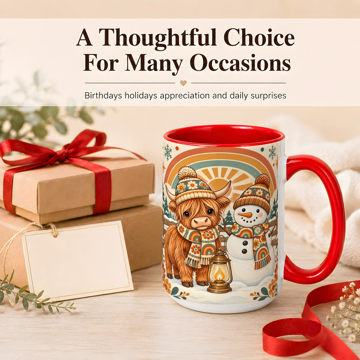 #pl[15oz|Red] Retro Cow Snowman Coffee Mug, Rainbow Winter Mug, Ceramic Cup