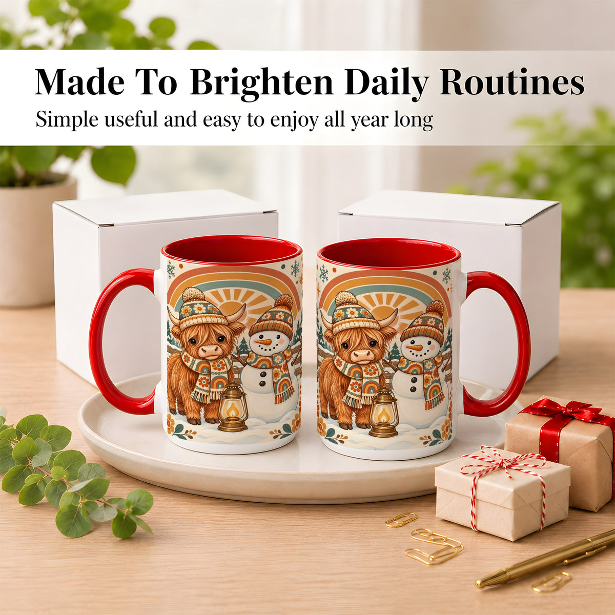 #pl[15oz|Red] Retro Cow Snowman Coffee Mug, Rainbow Winter Mug, Ceramic Cup