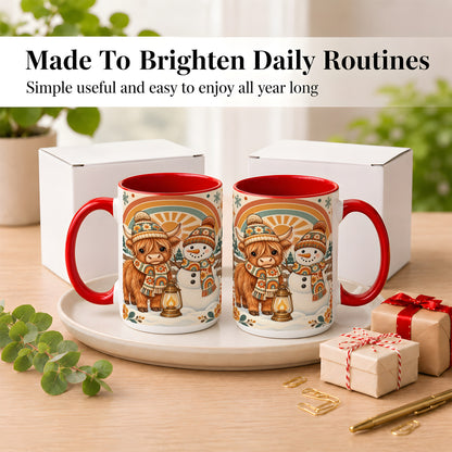 #pl[15oz|Red] Retro Cow Snowman Coffee Mug, Rainbow Winter Mug, Ceramic Cup