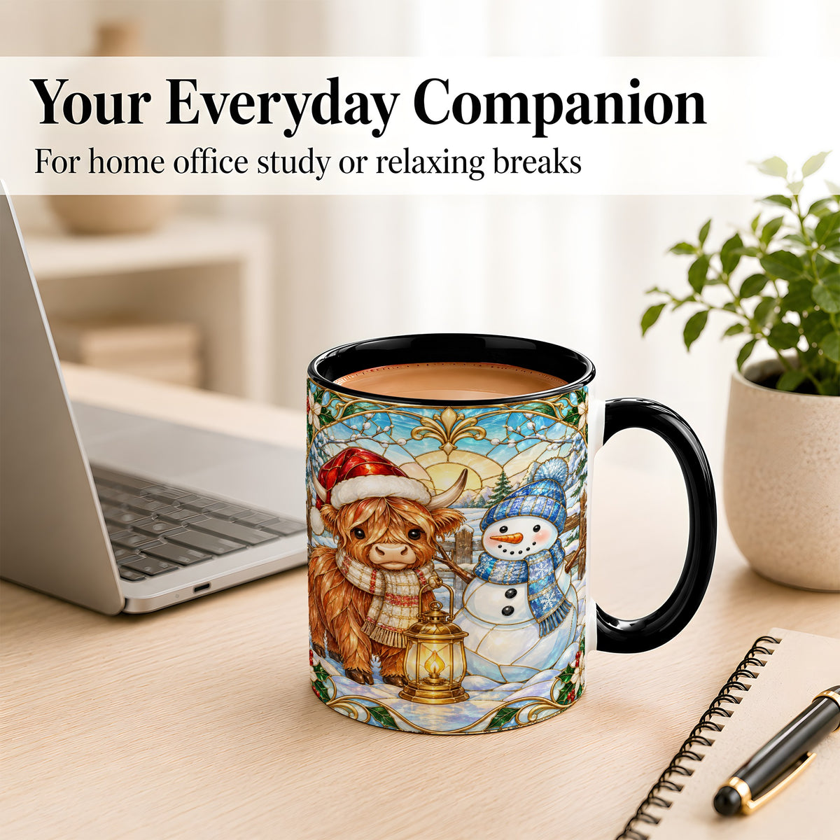 #pl[11oz|Black] Highland Cow Snowman Coffee Mug, Winter Holiday Mug, Ceramic Cup