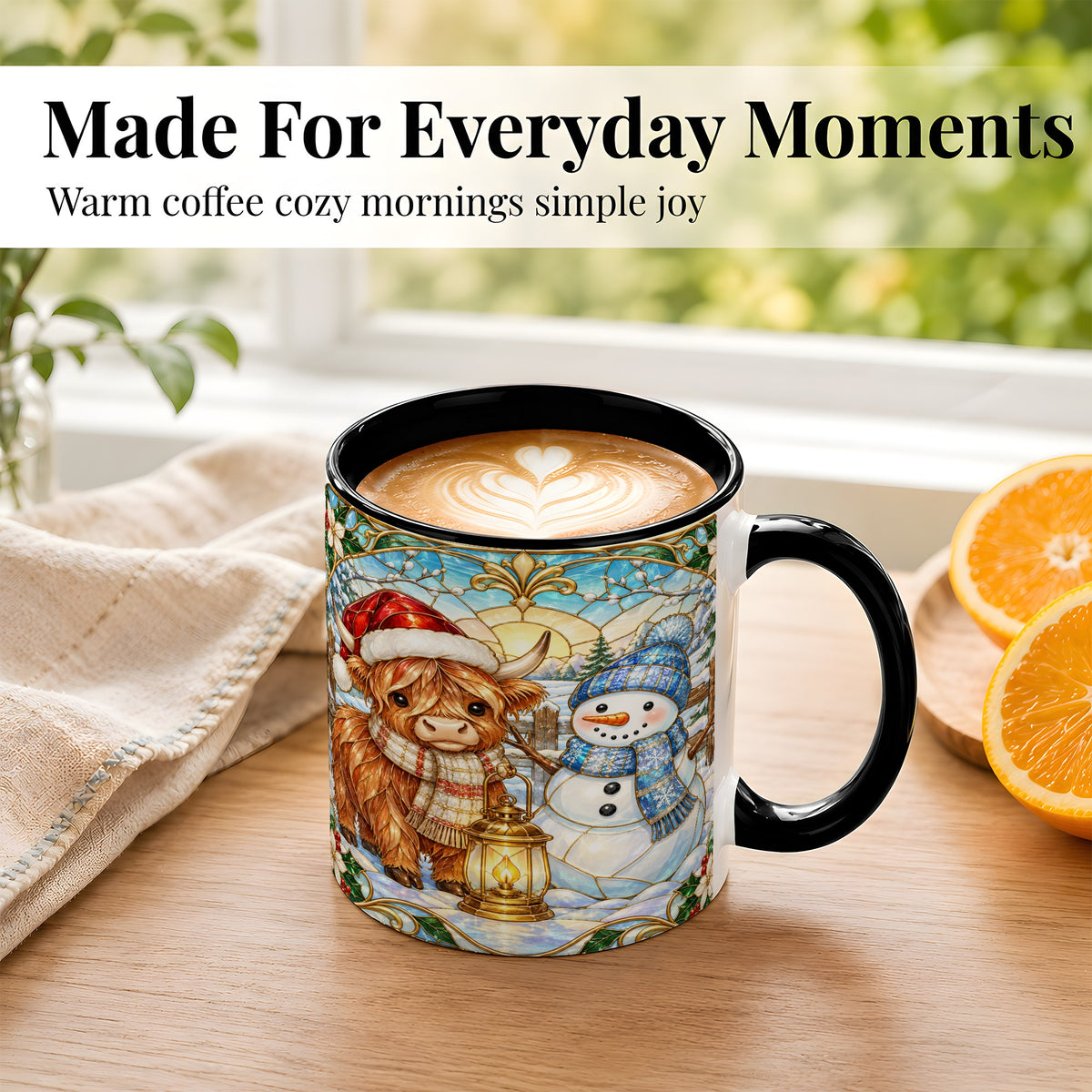 #pl[11oz|Black] Highland Cow Snowman Coffee Mug, Winter Holiday Mug, Ceramic Cup