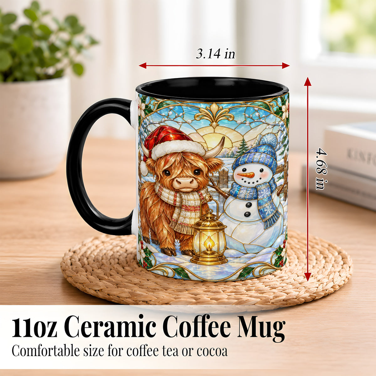 #pl[11oz|Black] Highland Cow Snowman Coffee Mug, Winter Holiday Mug, Ceramic Cup