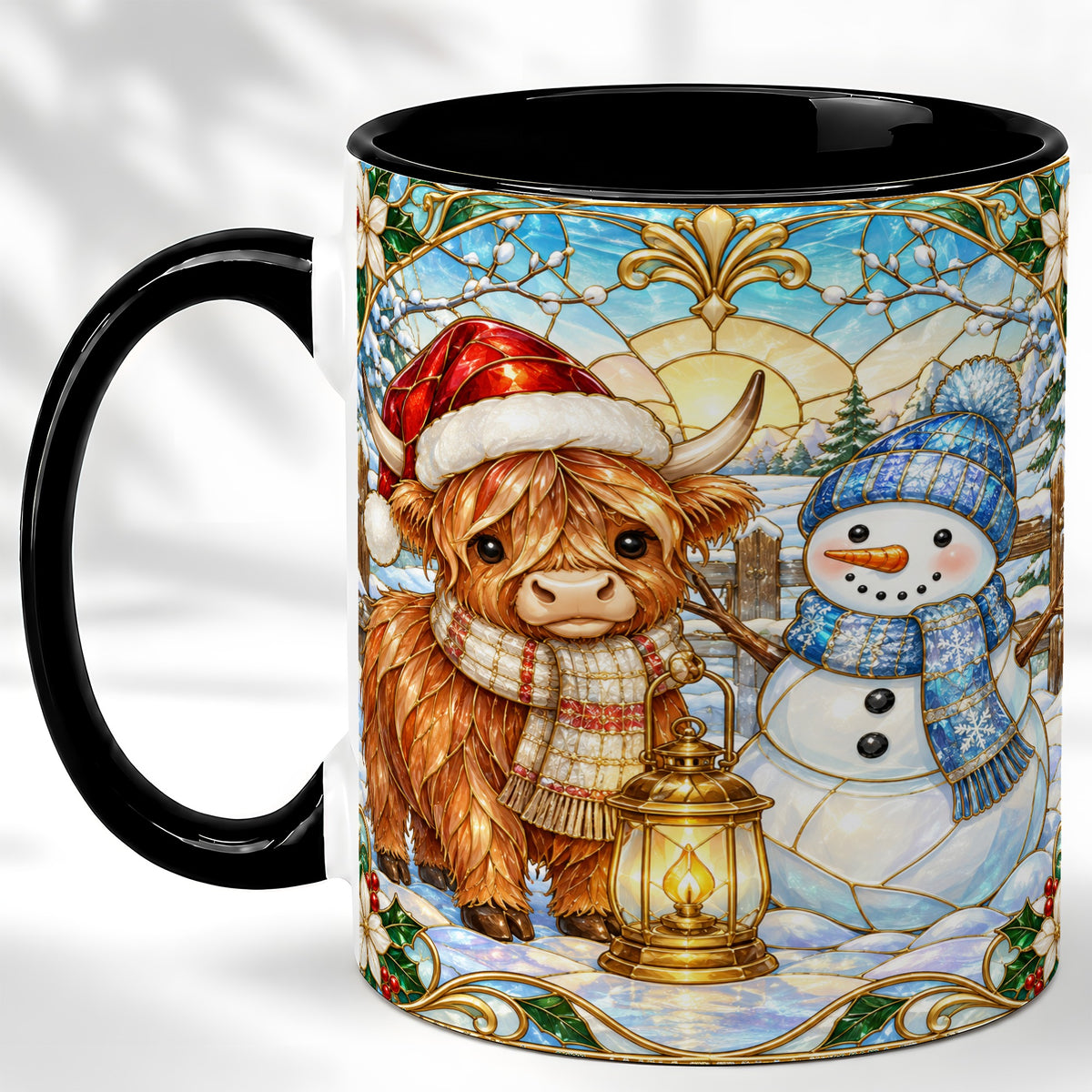 #pl[11oz|Black] Highland Cow Snowman Coffee Mug, Winter Holiday Mug, Ceramic Cup