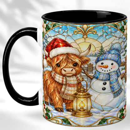 #pl[11oz|Black] Highland Cow Snowman Coffee Mug, Winter Holiday Mug, Ceramic Cup
